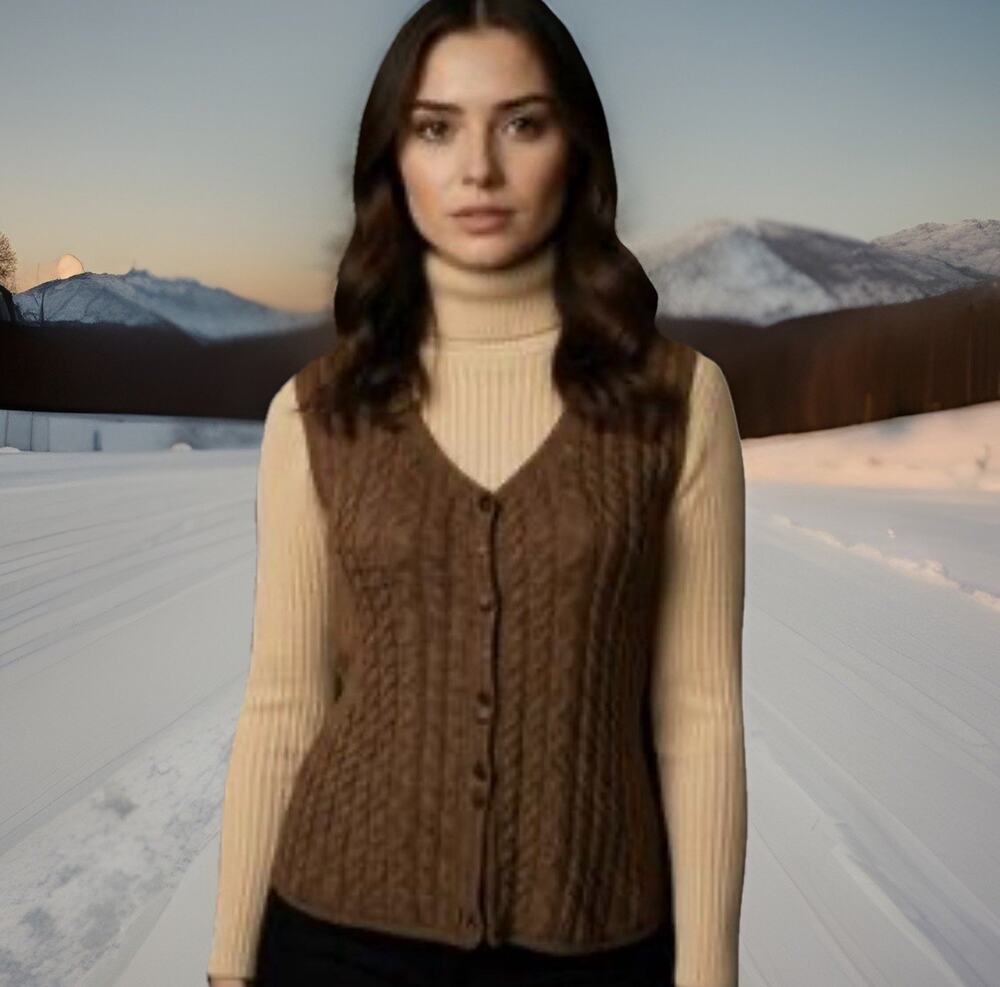 House of Harlow Sweater Vest Chocolate Brown Button Cable Knit Minimalist Boho L